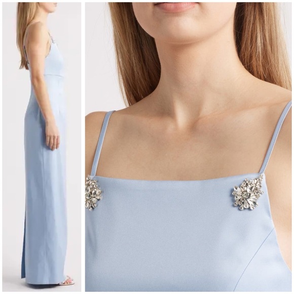 New Sachin & Babi Pryce Crystal Strap Detail Vertical Stretch Mikado Column Gown - Picture 3 of 16